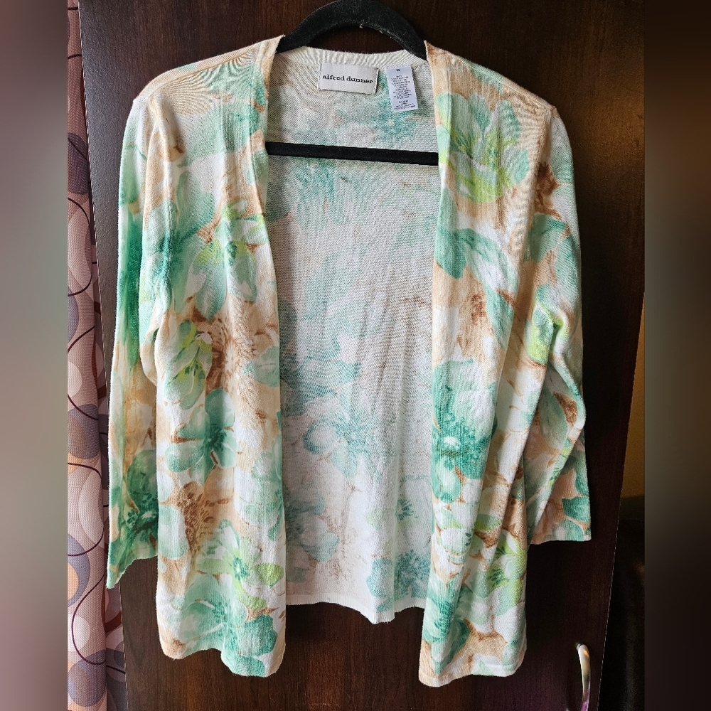 Alfred Dunner Floral Open Cardigan - Mint, Beige, White Size Medium